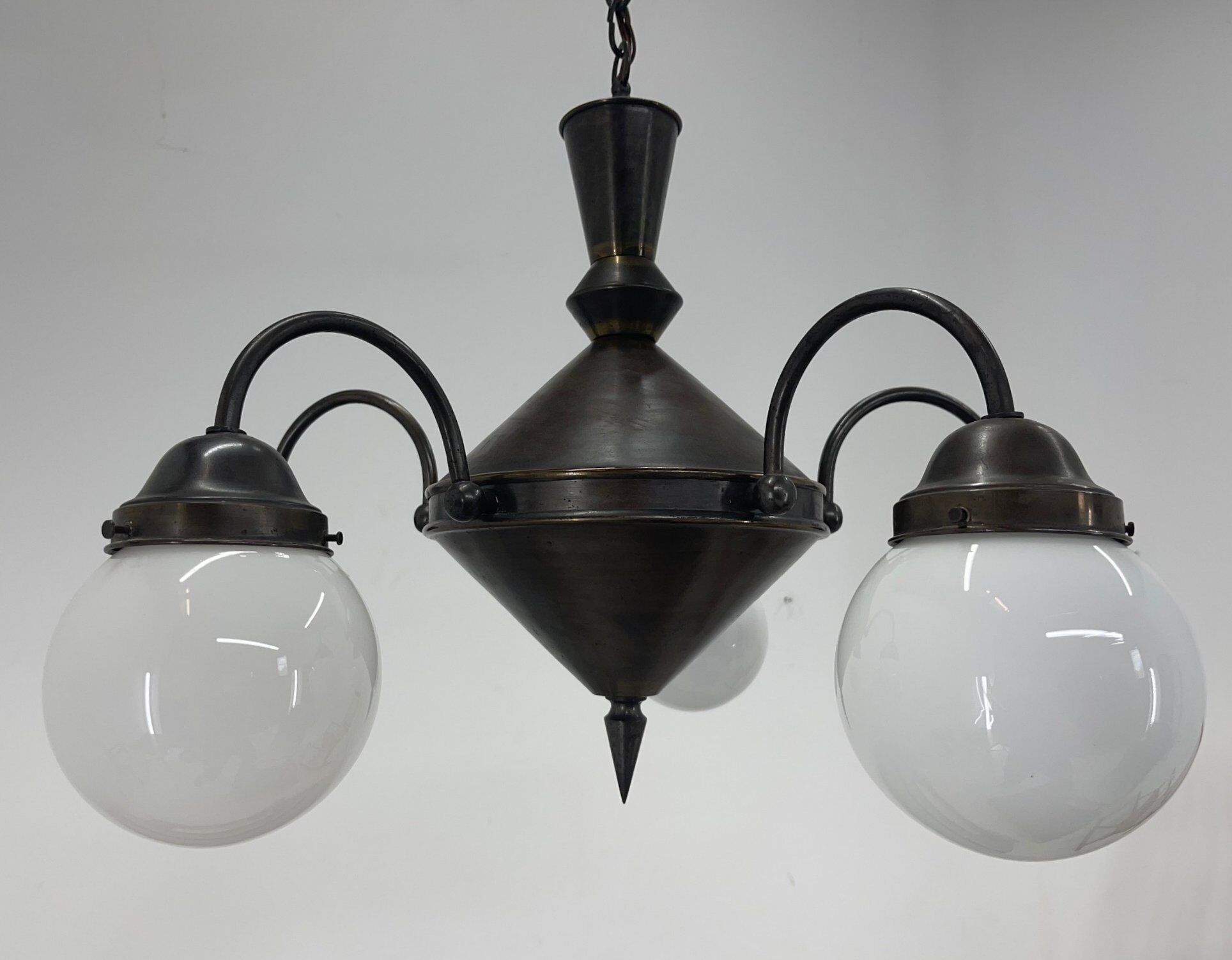 Art deco metal and milk glass chandelier, 1930's
