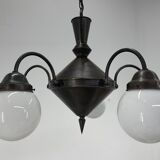 Art deco metal and milk glass chandelier, 1930's