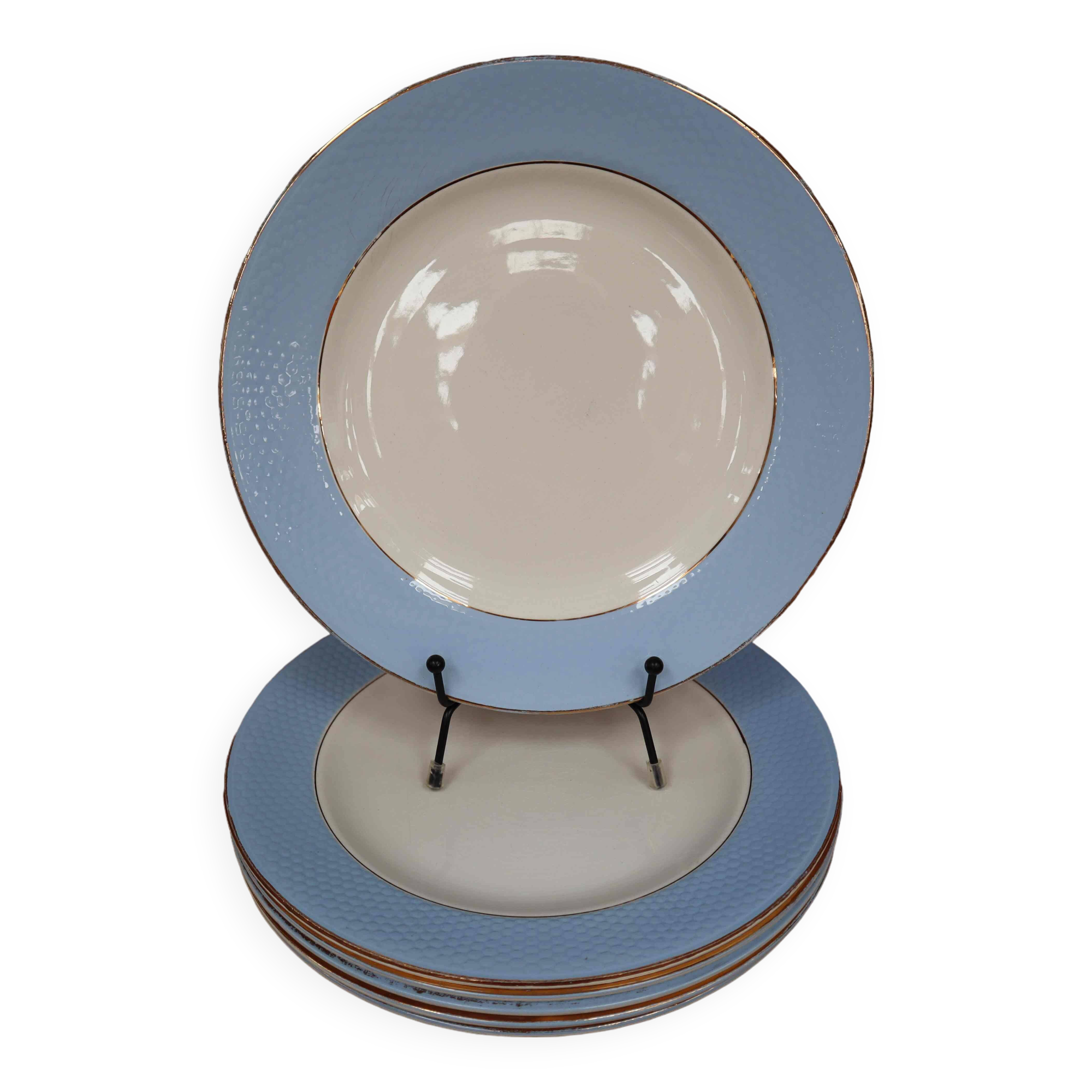 Set of 6 flat plates l'Amandinoise blue and gold outline 7885