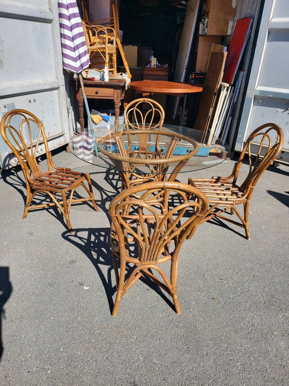 Vintage rattan and glass set - round table + 4 chairs
