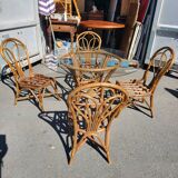 Vintage rattan and glass set - round table + 4 chairs