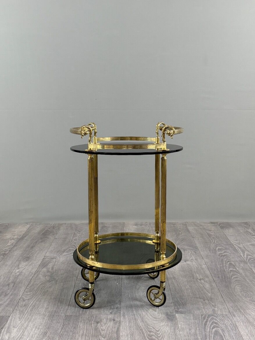 Rolling serving table in gold metal and smoked glass, 20th century