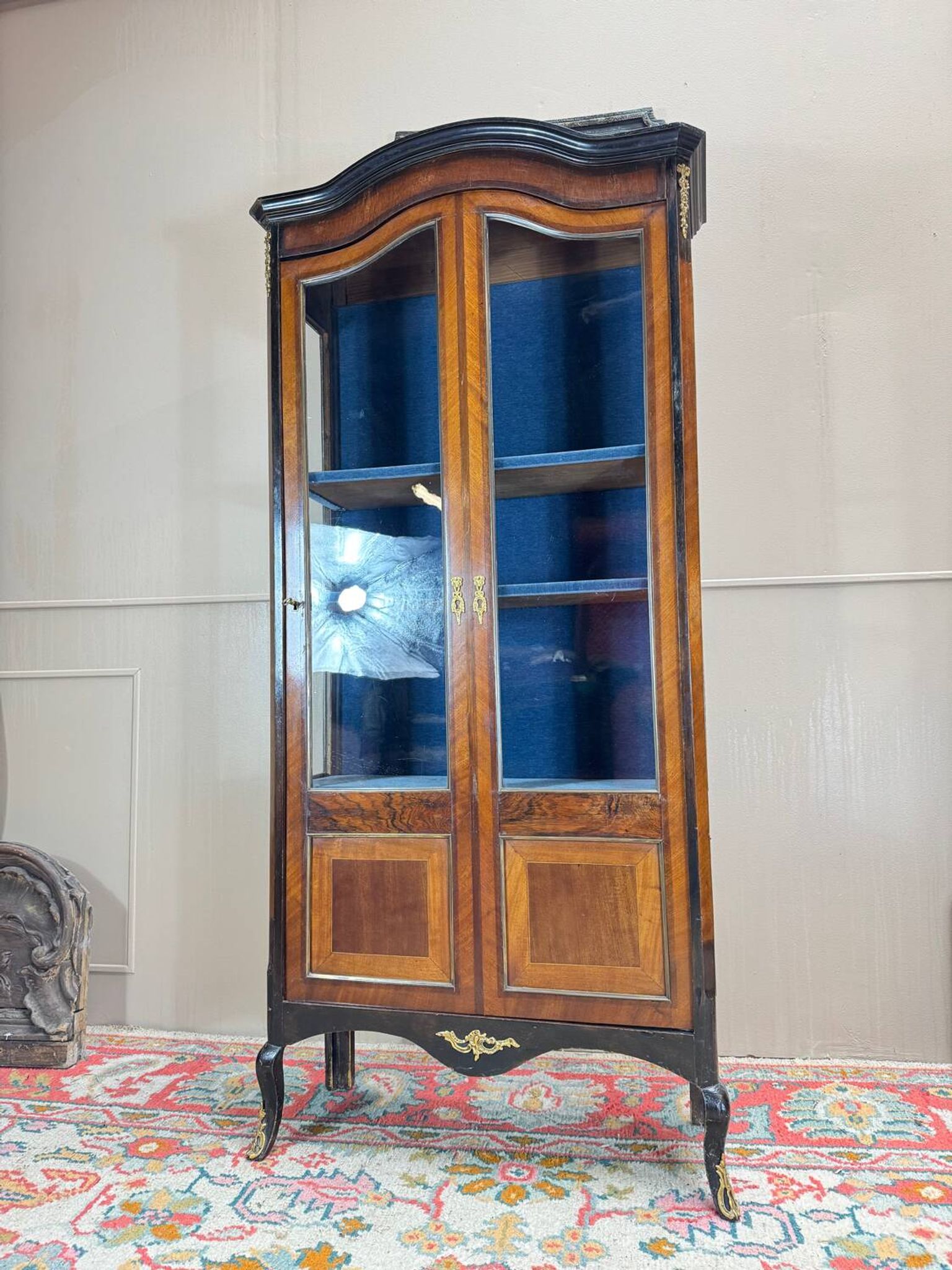 19th Century Transition Style Marquetry and Blackened Wood Display Cabinet