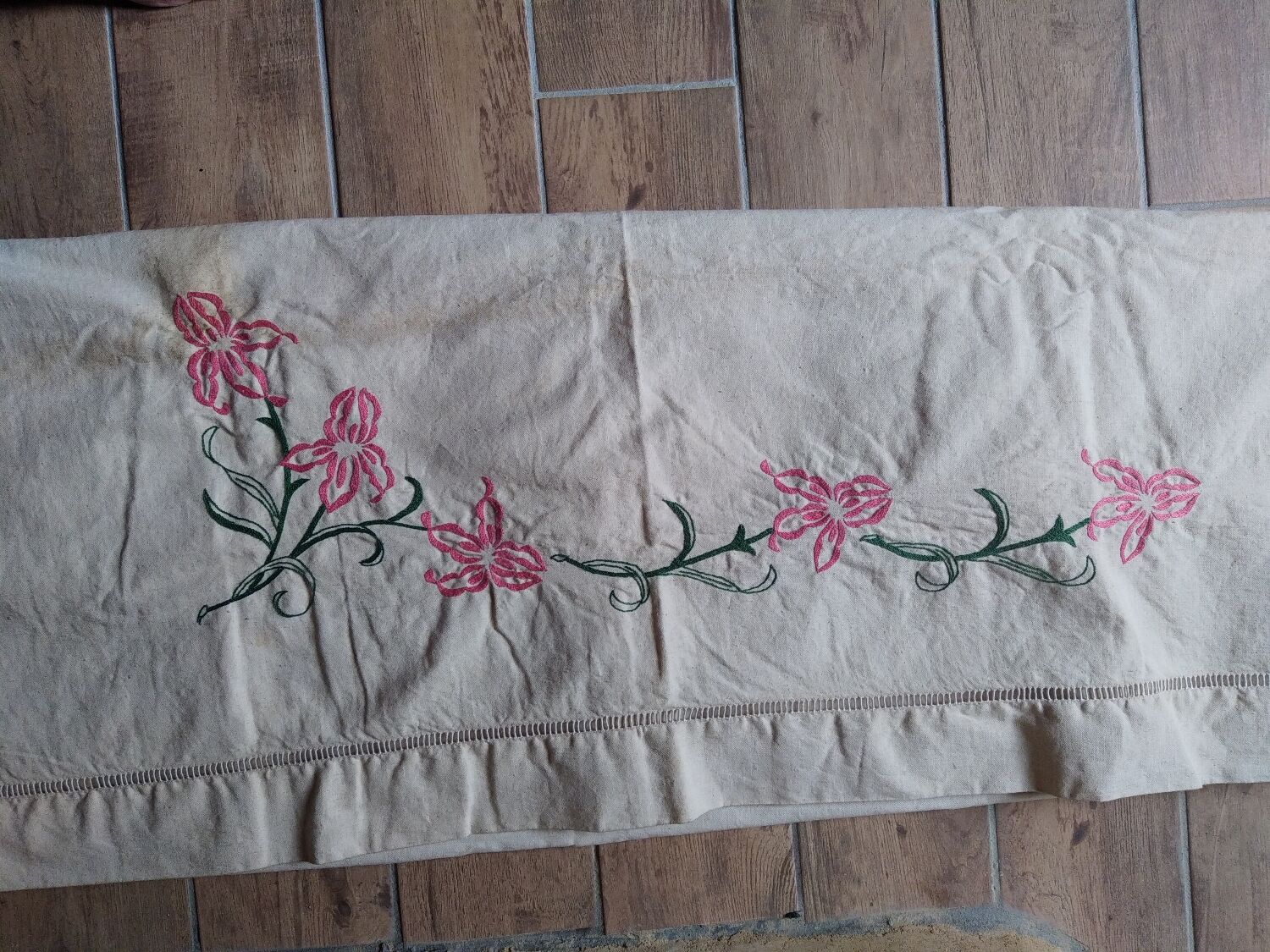 Old linen sheet embroidered decor flowers pink 210x300 cm