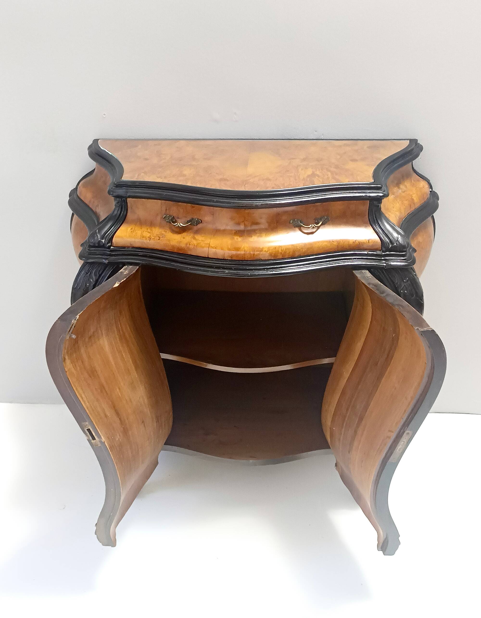Ebonized Beech and Walnut-Root Cabinet with a Glass Top, Brianza, Italy