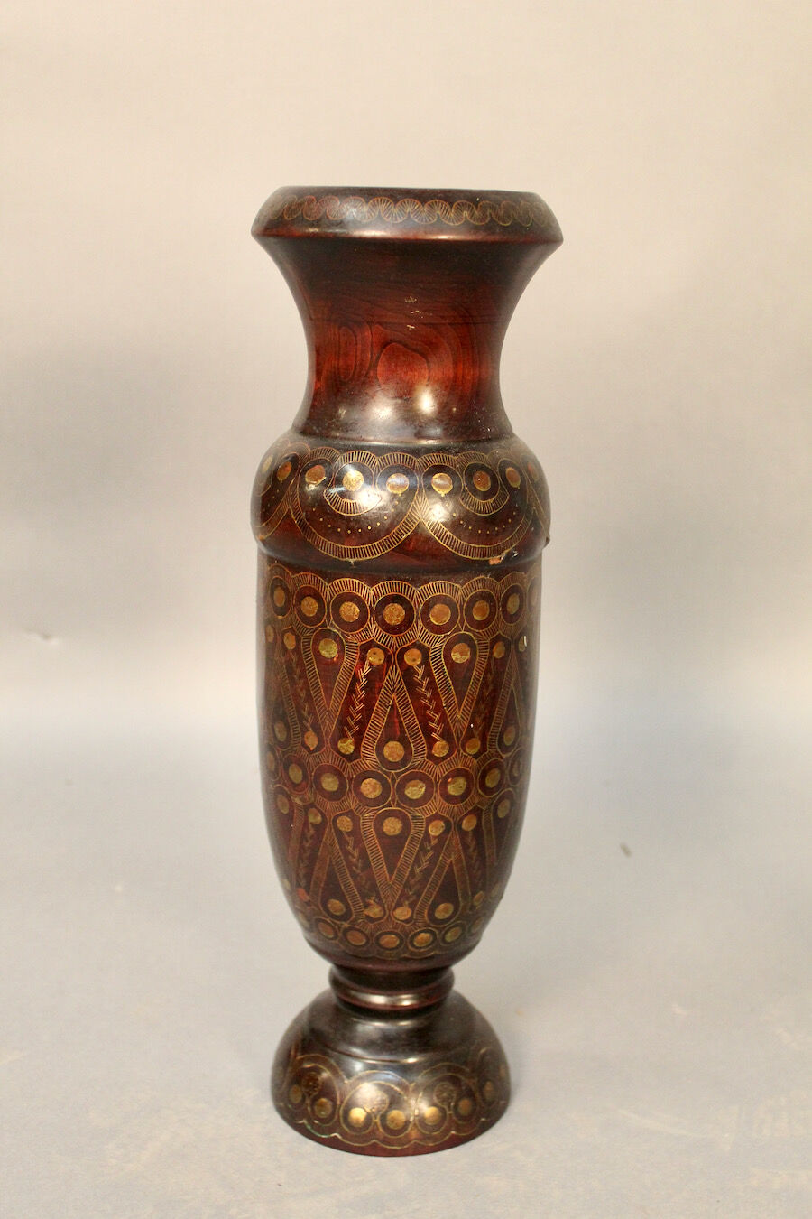 Wooden vase turned inlay oriental brass