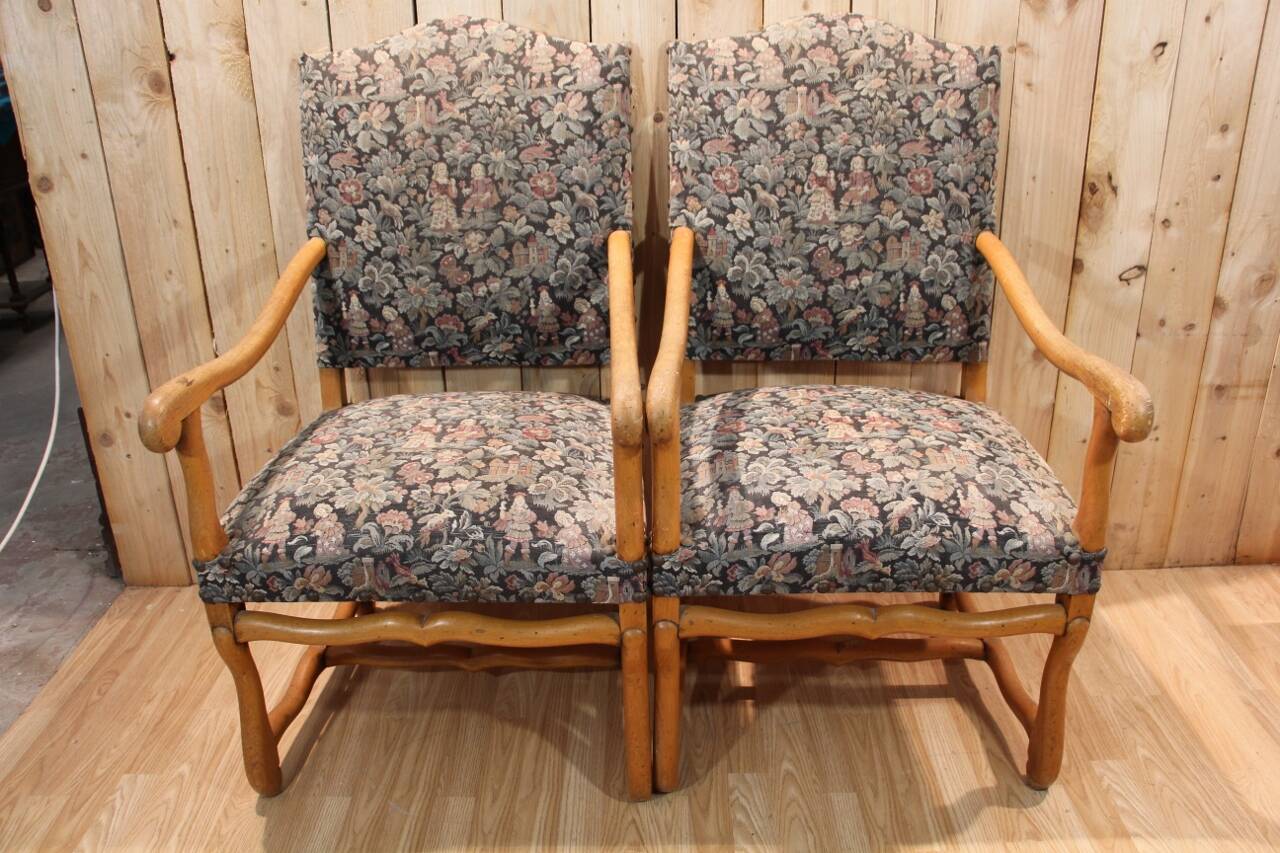 Pair of Louis XIII Style Armchairs in Sheep Bone, Needlepoint Tapestry