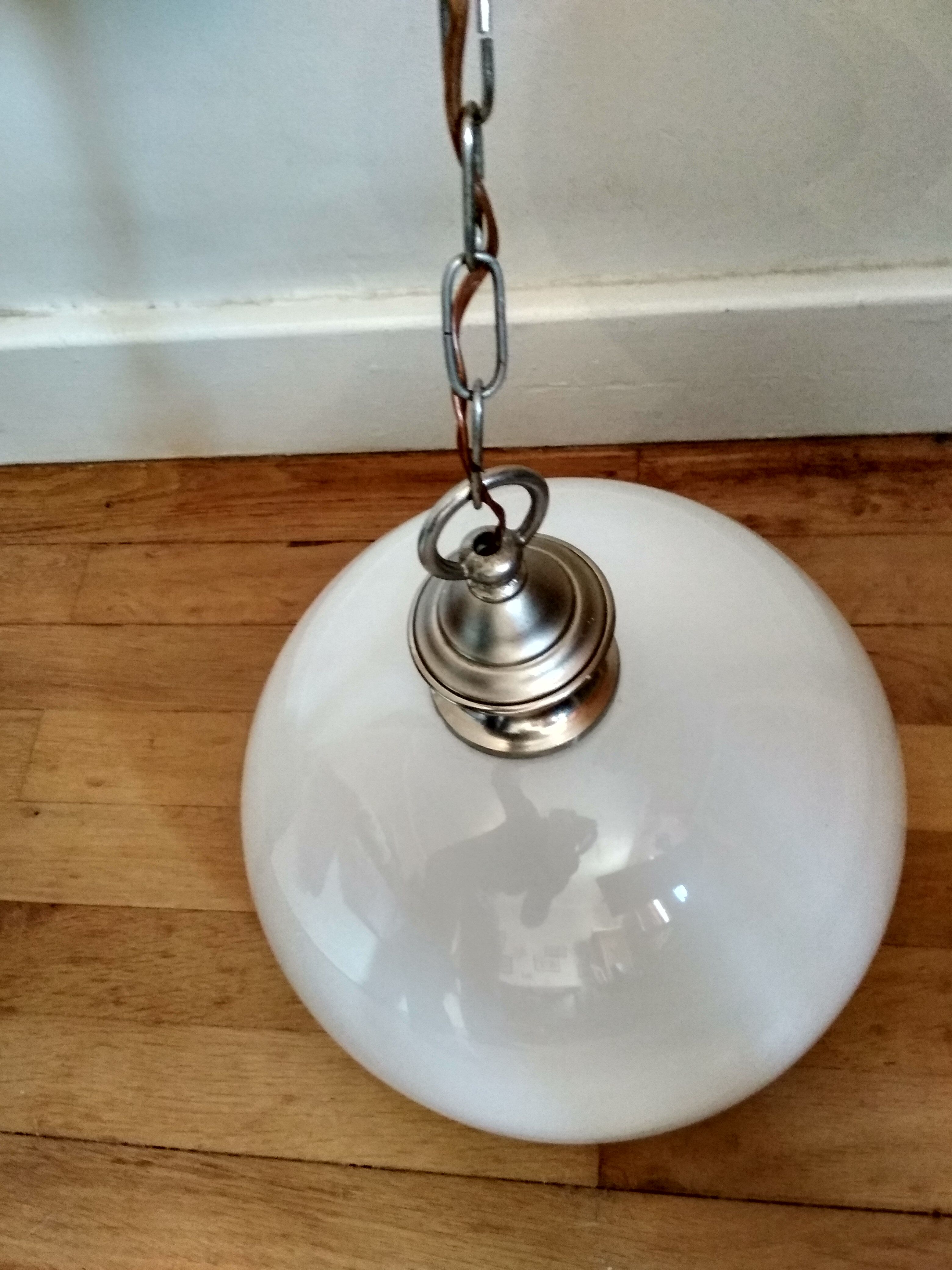 Hanging lamp 1970 globe white and grey glass silver