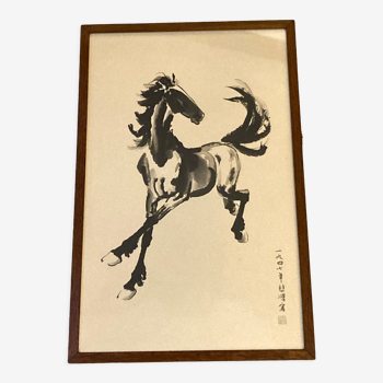 Chinese print black horse framed