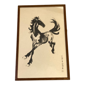 Chinese print black horse framed