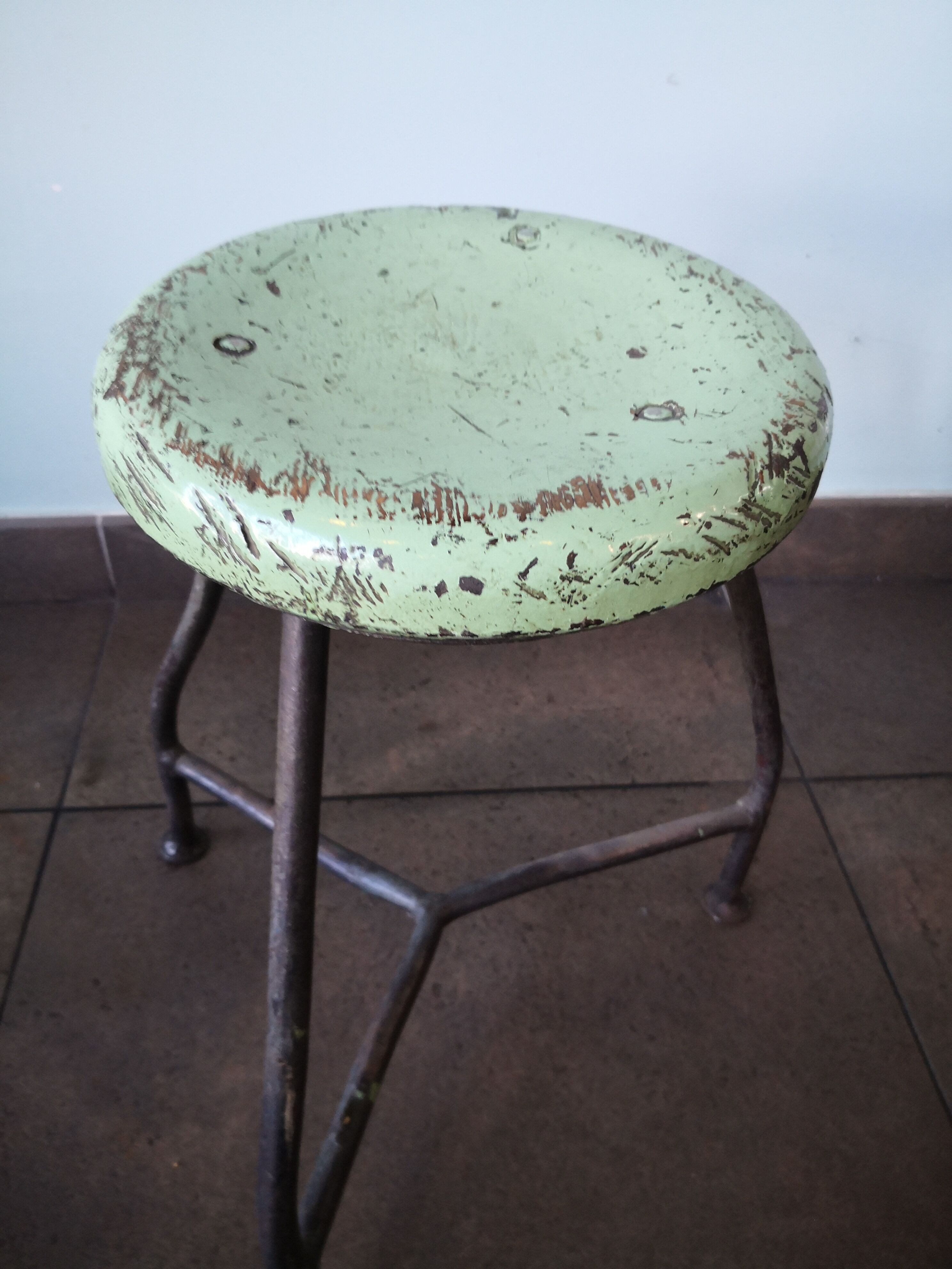 Vintage tripod stool, industrial style wood and metal
