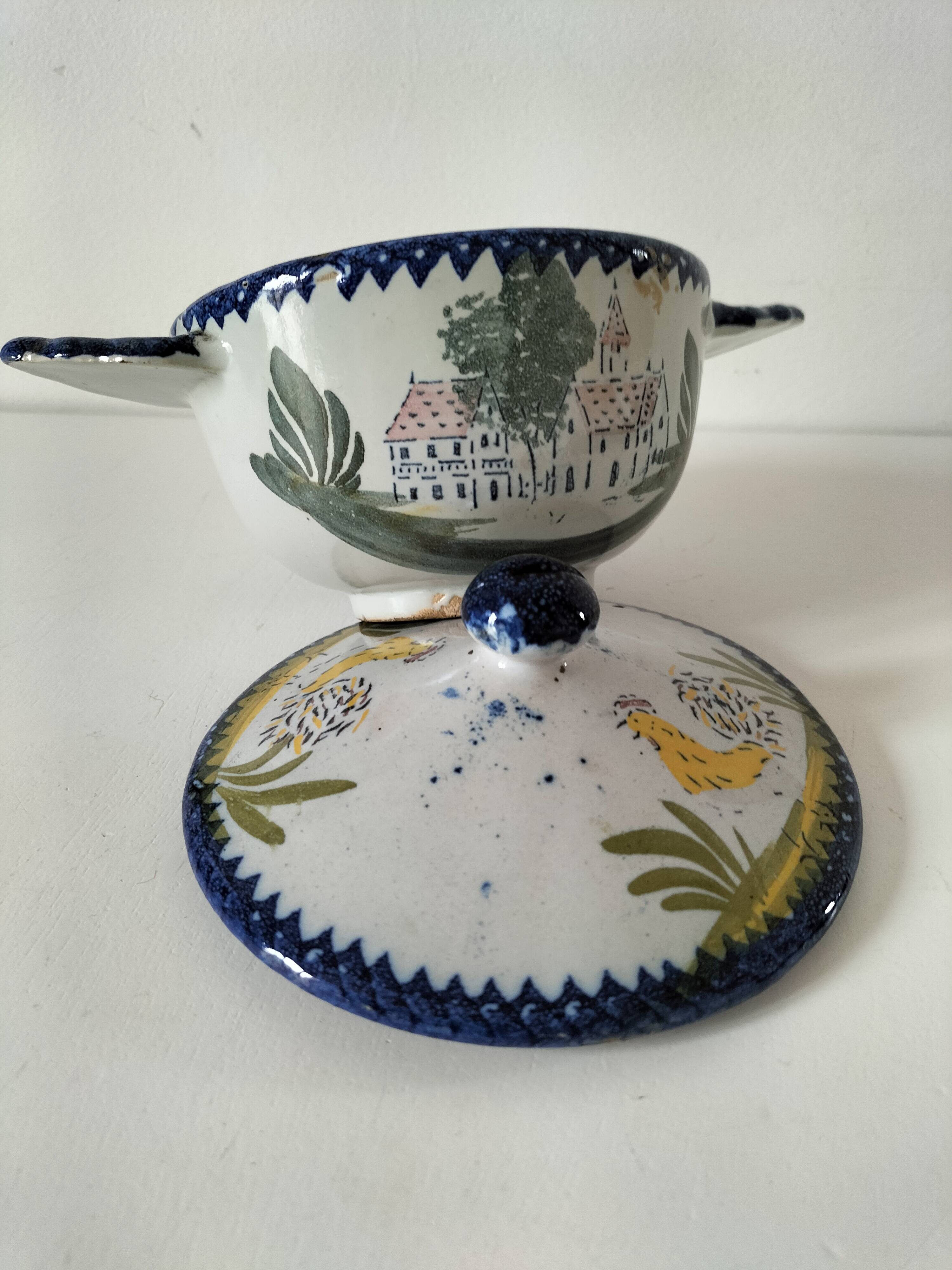 Earthenware bowl with lid from Charolles, village decoration.