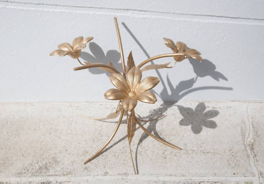 Vintage coffee table, brass and smoked glass table, Hans Kogl style flower table, lotus flower table