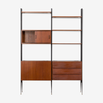 Italian mid century 2 bay teak wall unit free standing, 1960s