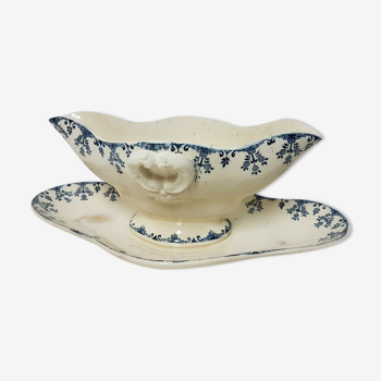 Saucière en porcelaine Terre de Fer Gien décor bleu Florence fin XIX