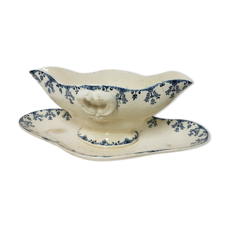 Saucière en porcelaine Terre de Fer Gien décor bleu Florence fin XIX