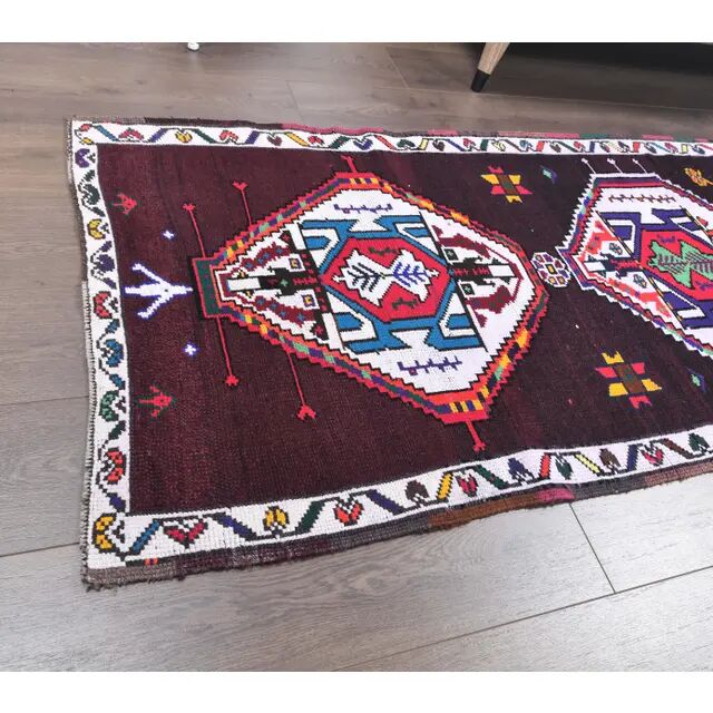 Vintage Pink Geometric Turkish Hand-Knotted Runner 83x375