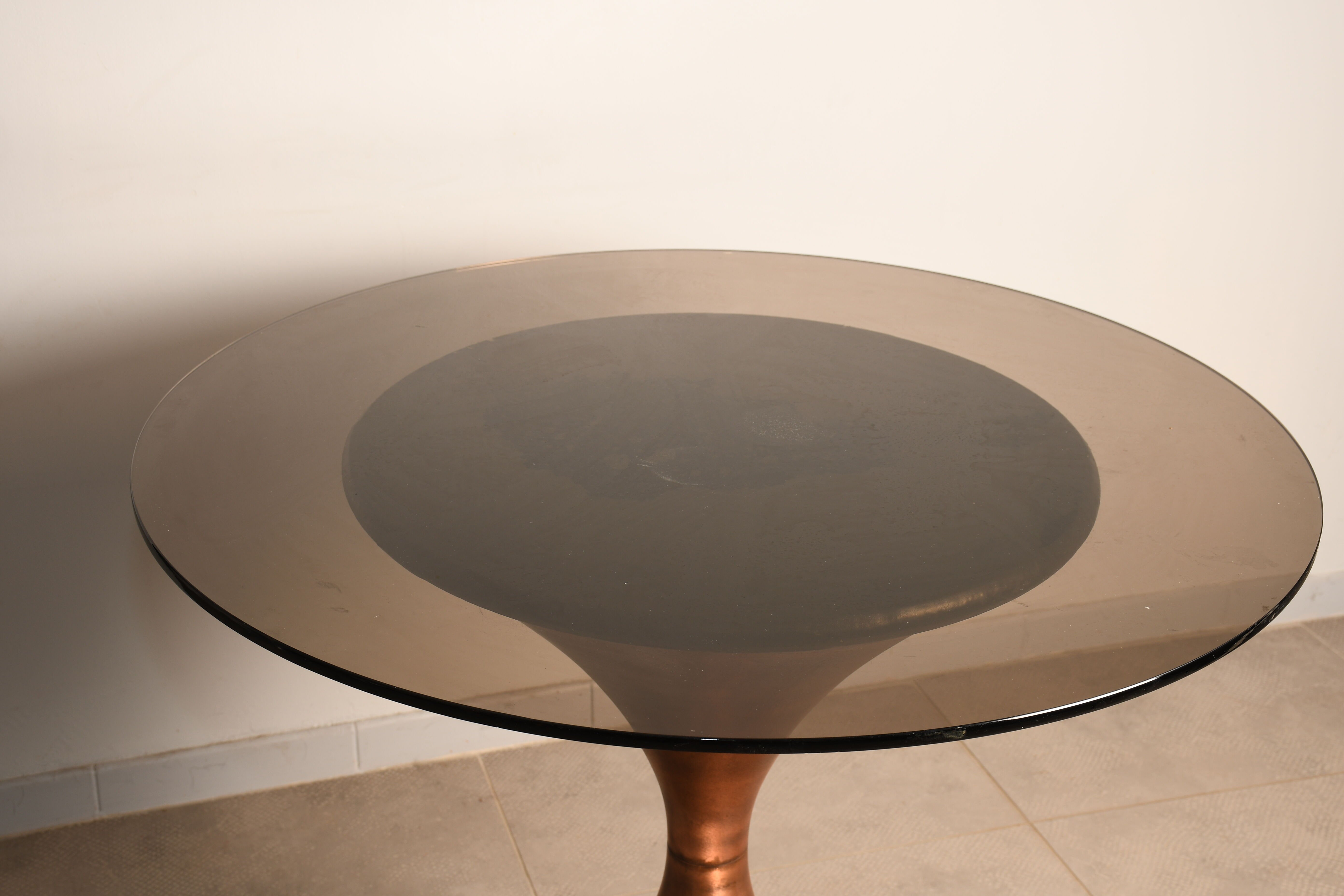 Copper table, smoked glass top from the 60s
