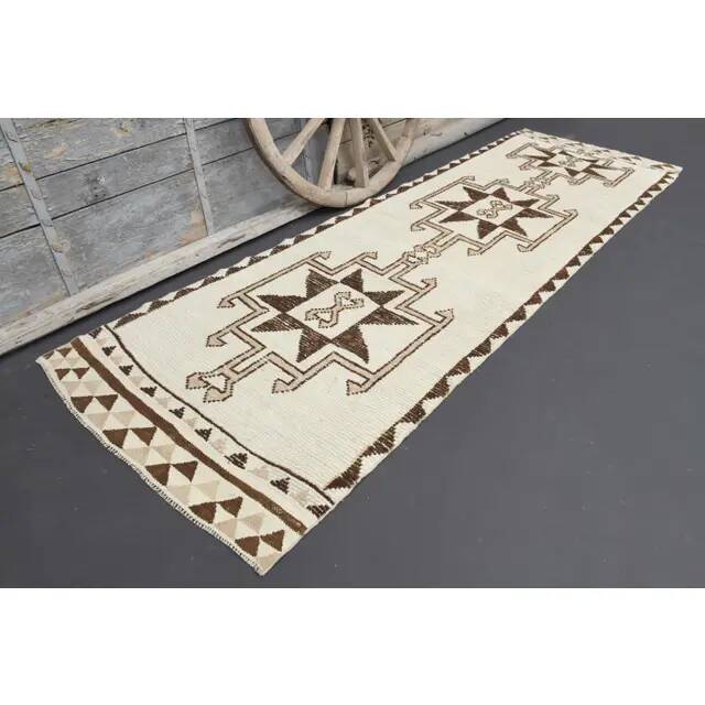 1970s Turkish Hand-Knotted Wool Cotton Beige Runner Rug 112x340