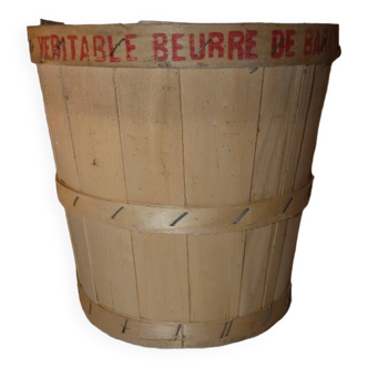 Small round vintage french wooden butter basket made of woven wooden slats,
