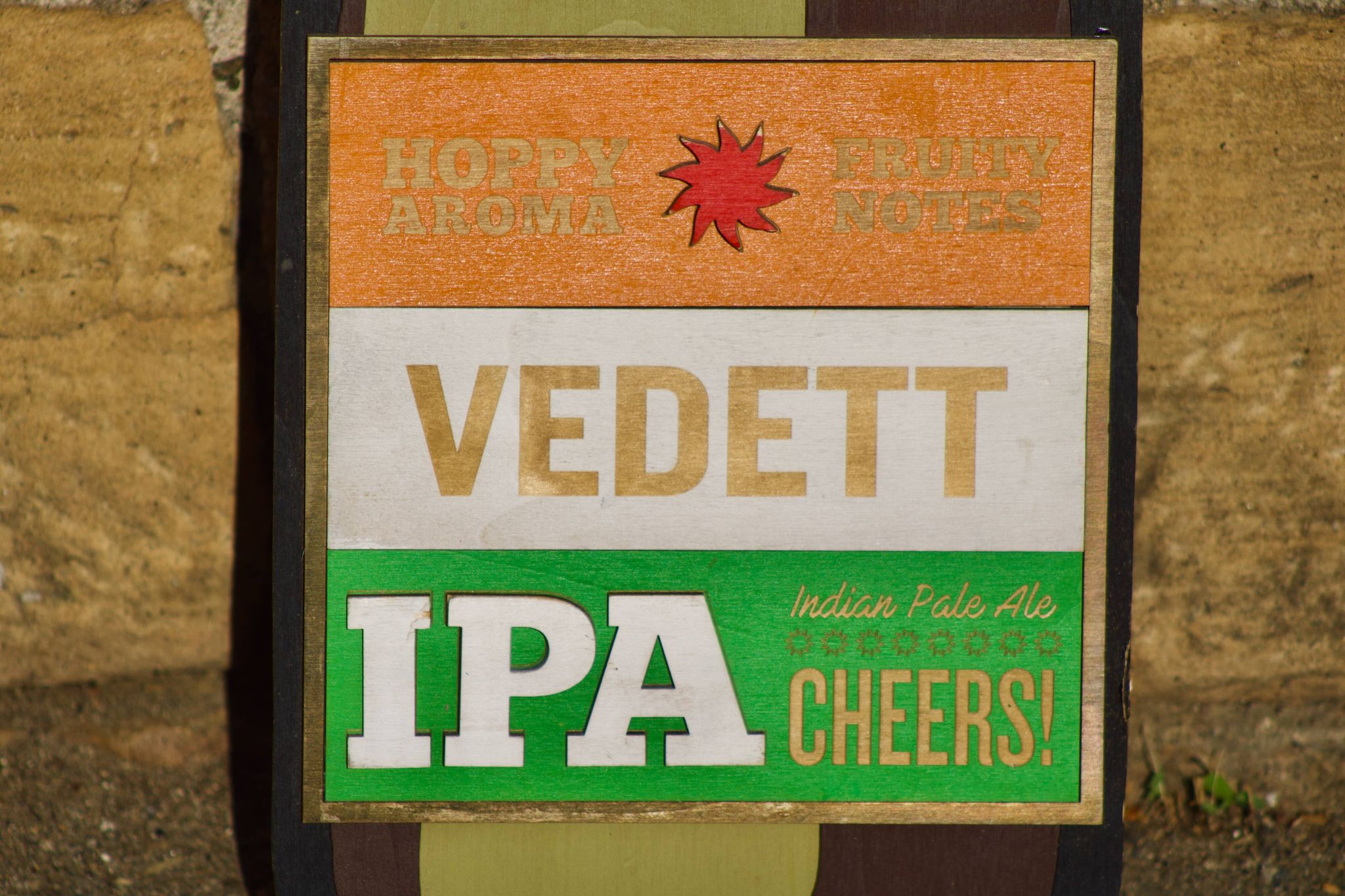 Former advertising wall support for belgian beers vedett ipa - painted wood