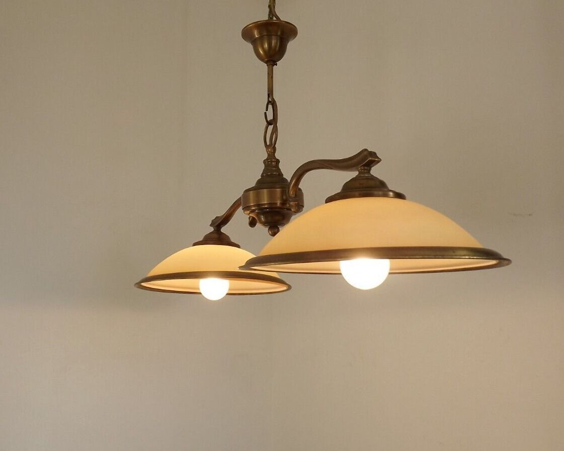 French Mid Century Bronze Billiard Light 2 Cream Amber Round Glass Shades 3921