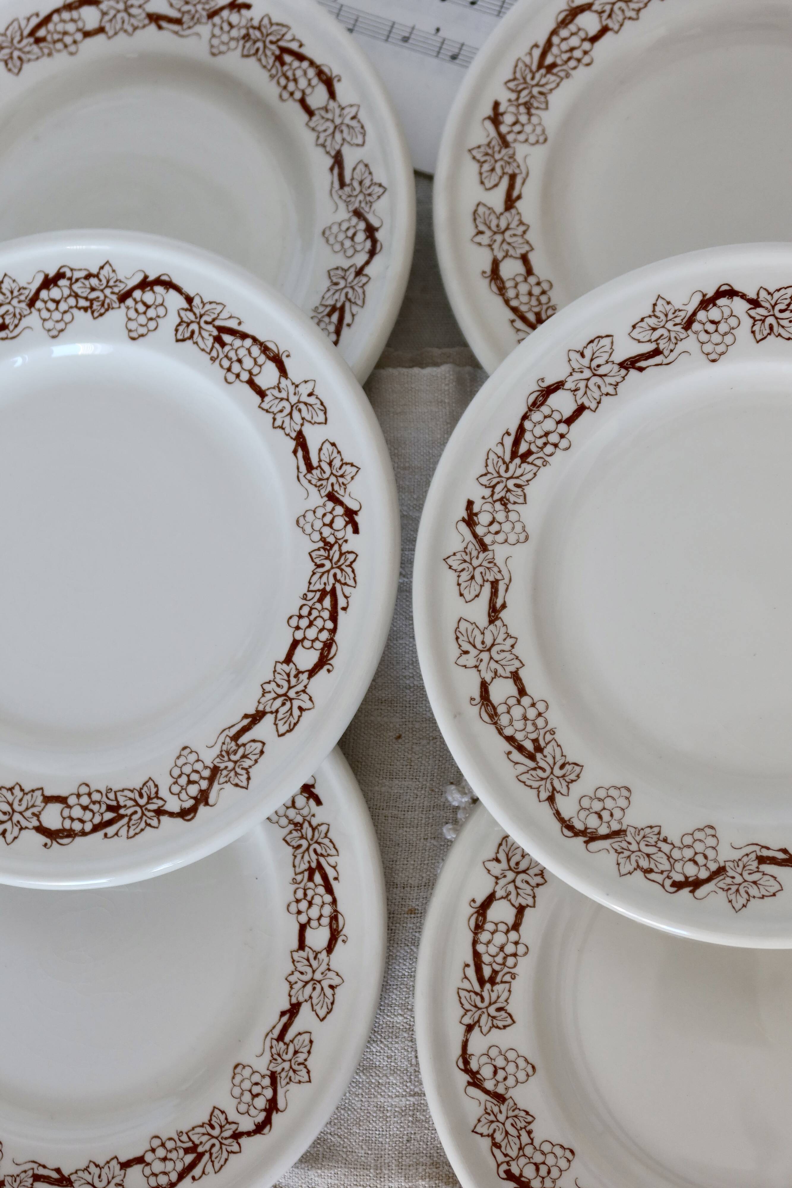 6 vintage porcelain dessert plates with brown ivy border