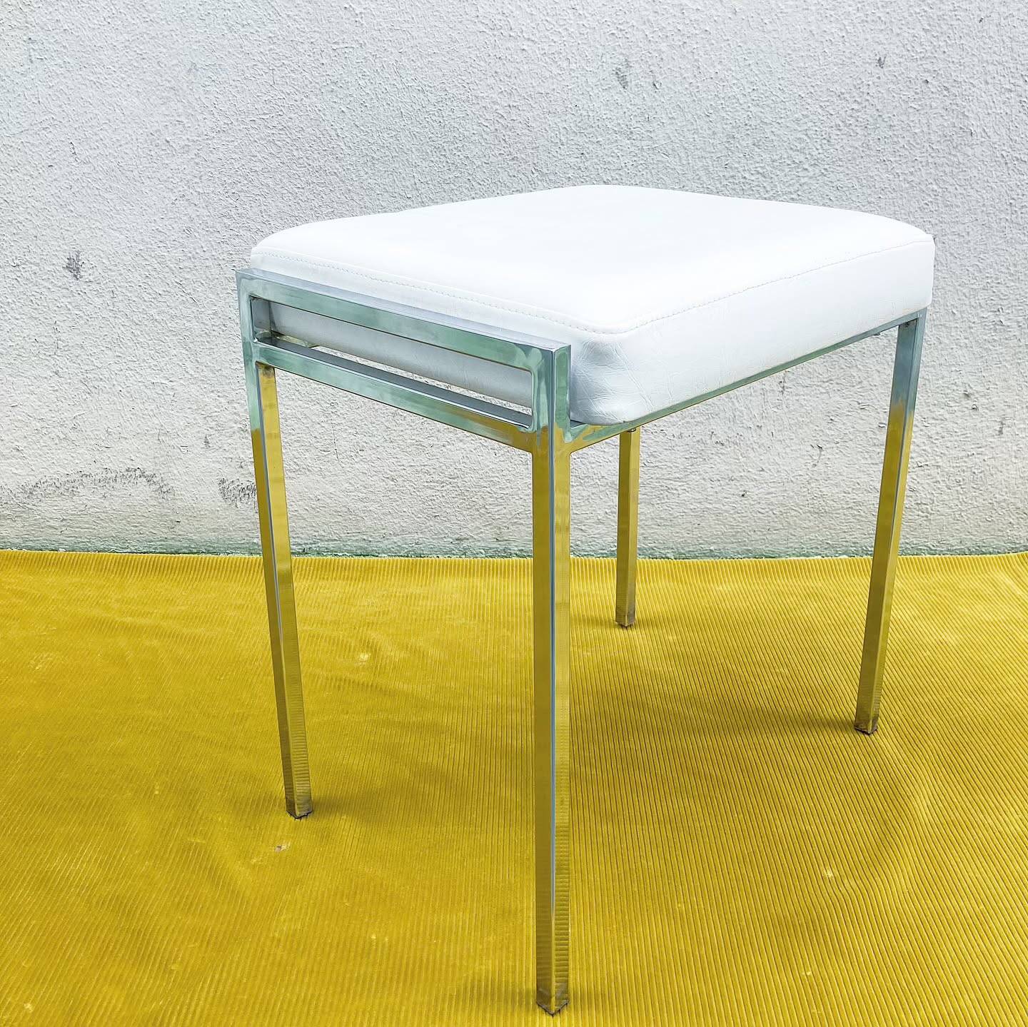 70s Minimalist Stool - White Leather & Chrome Metal