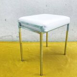 70s Minimalist Stool - White Leather & Chrome Metal