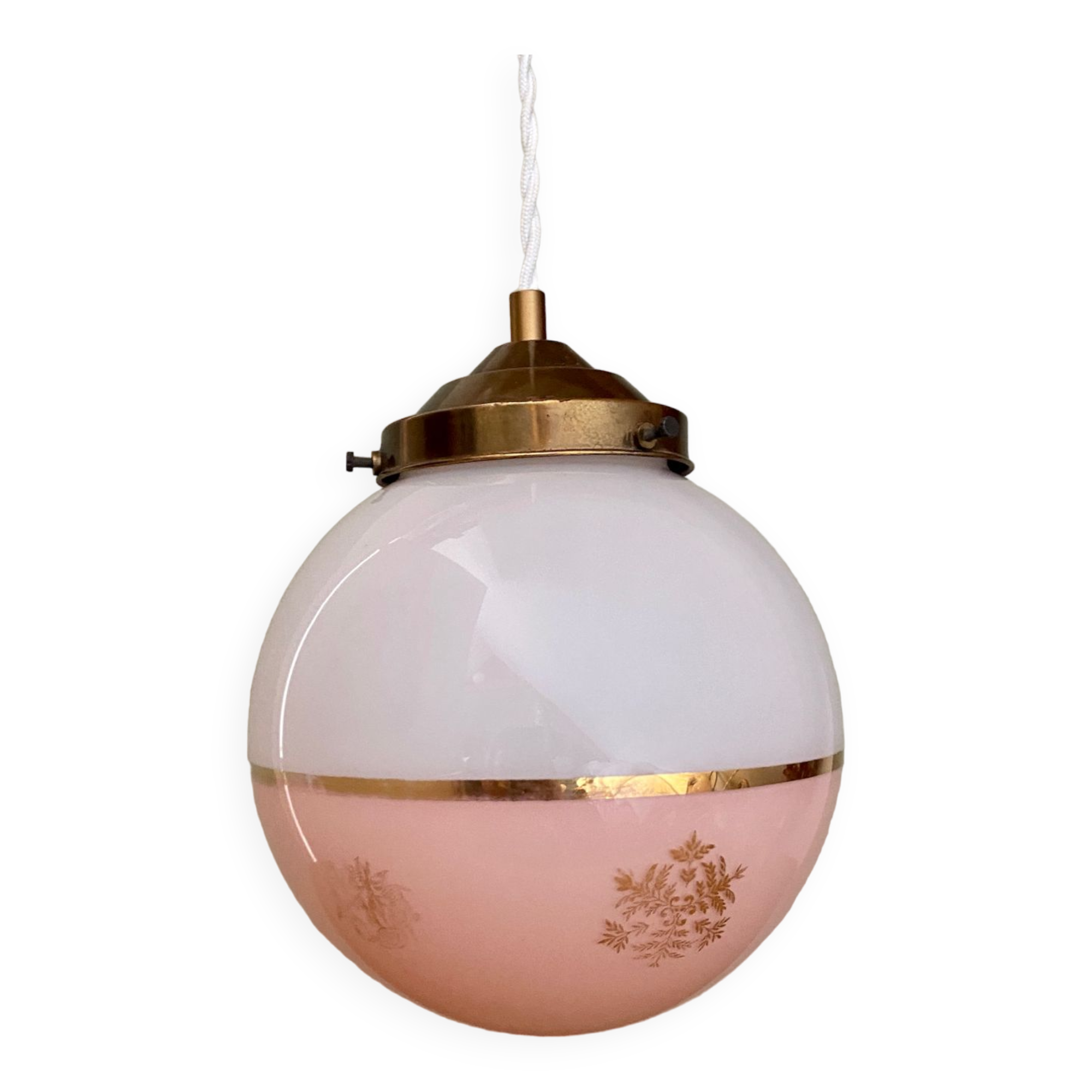 Suspension globe vintage en opaline blanche et rose