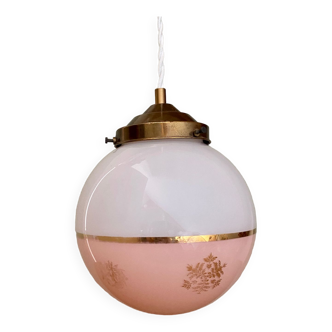 Vintage globe pendant light in white and pink opaline