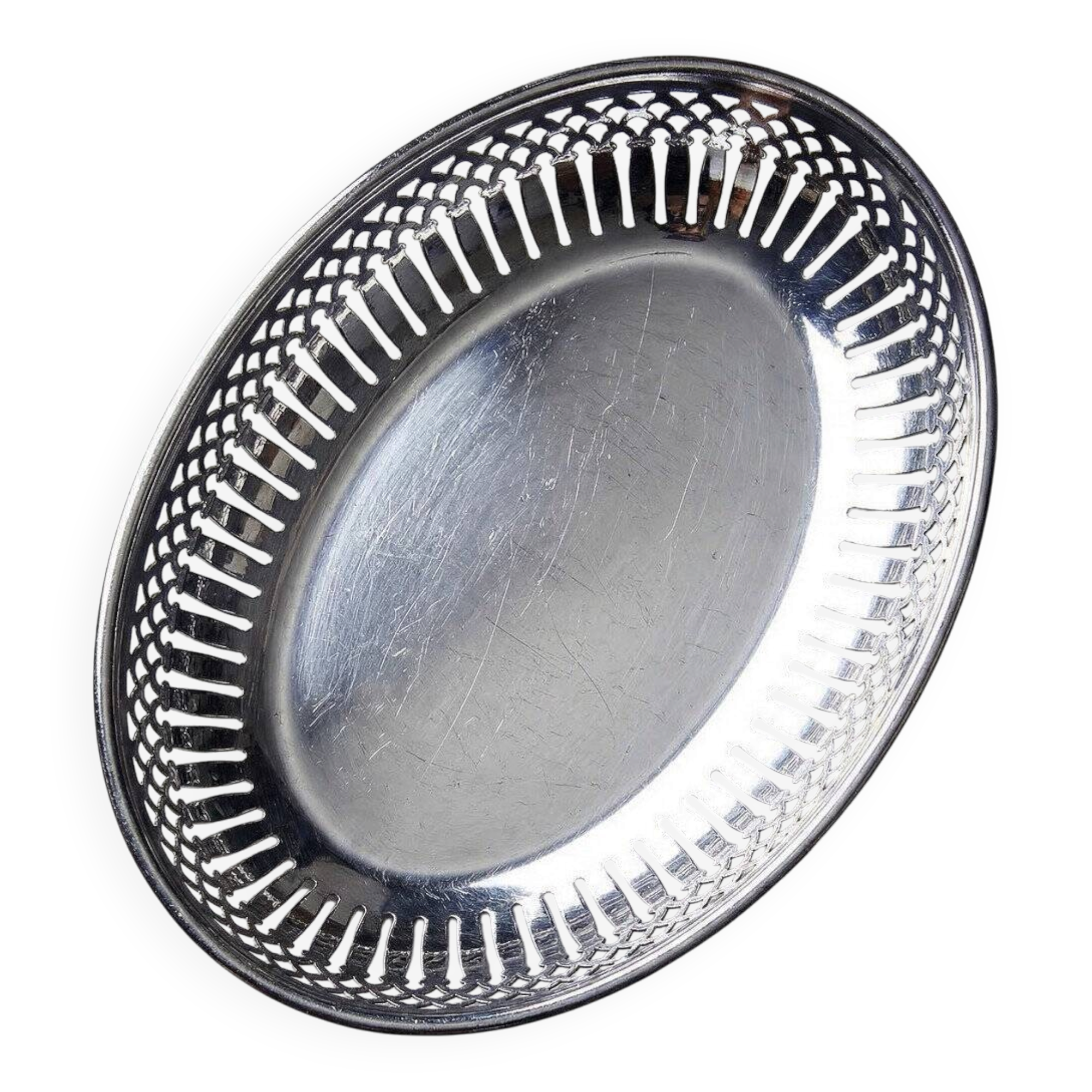 Oval openwork bread basket in silver-plated metal, vintage 1950s-70s.