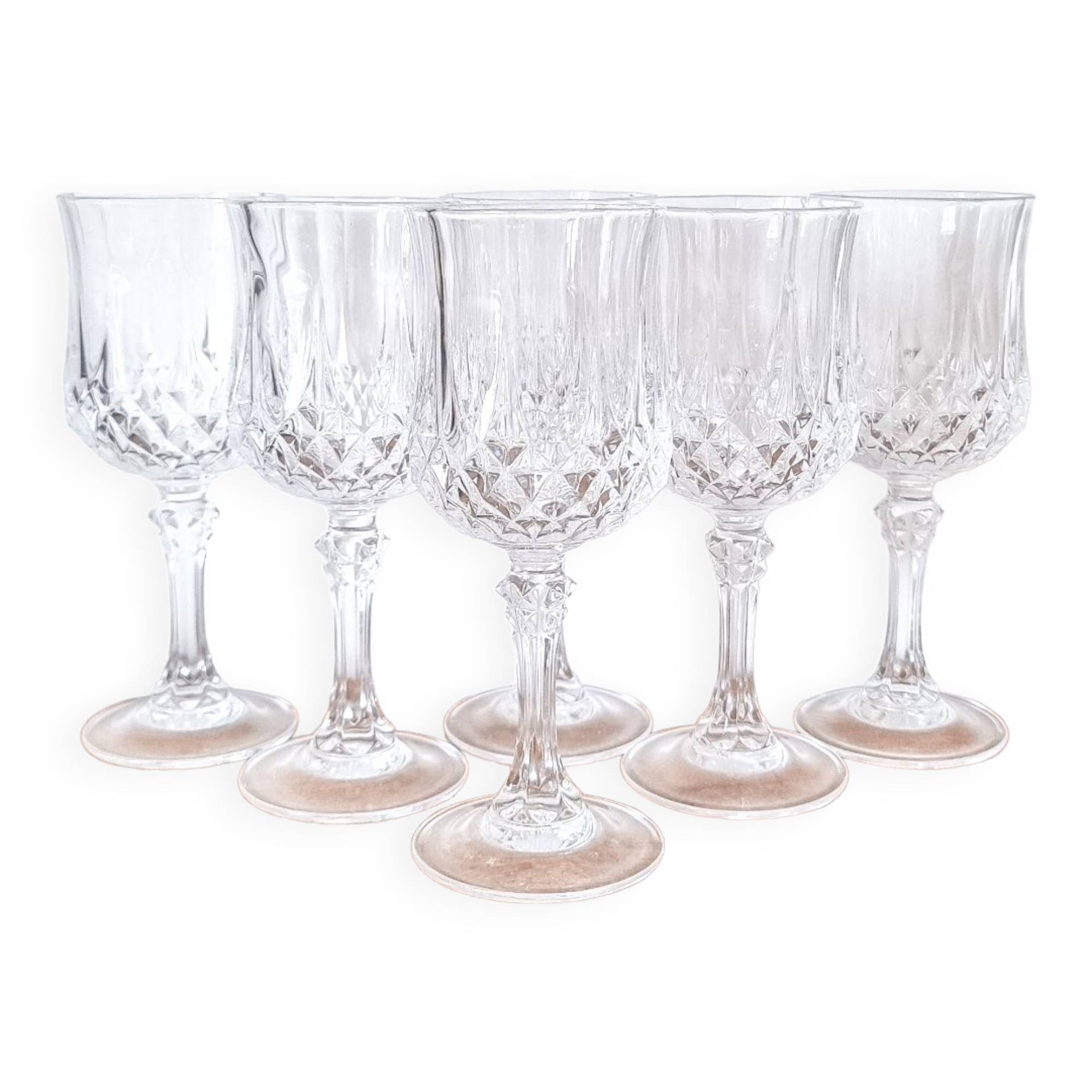 6 diamond-point stemmed glasses, Arques crystal, Longchamp