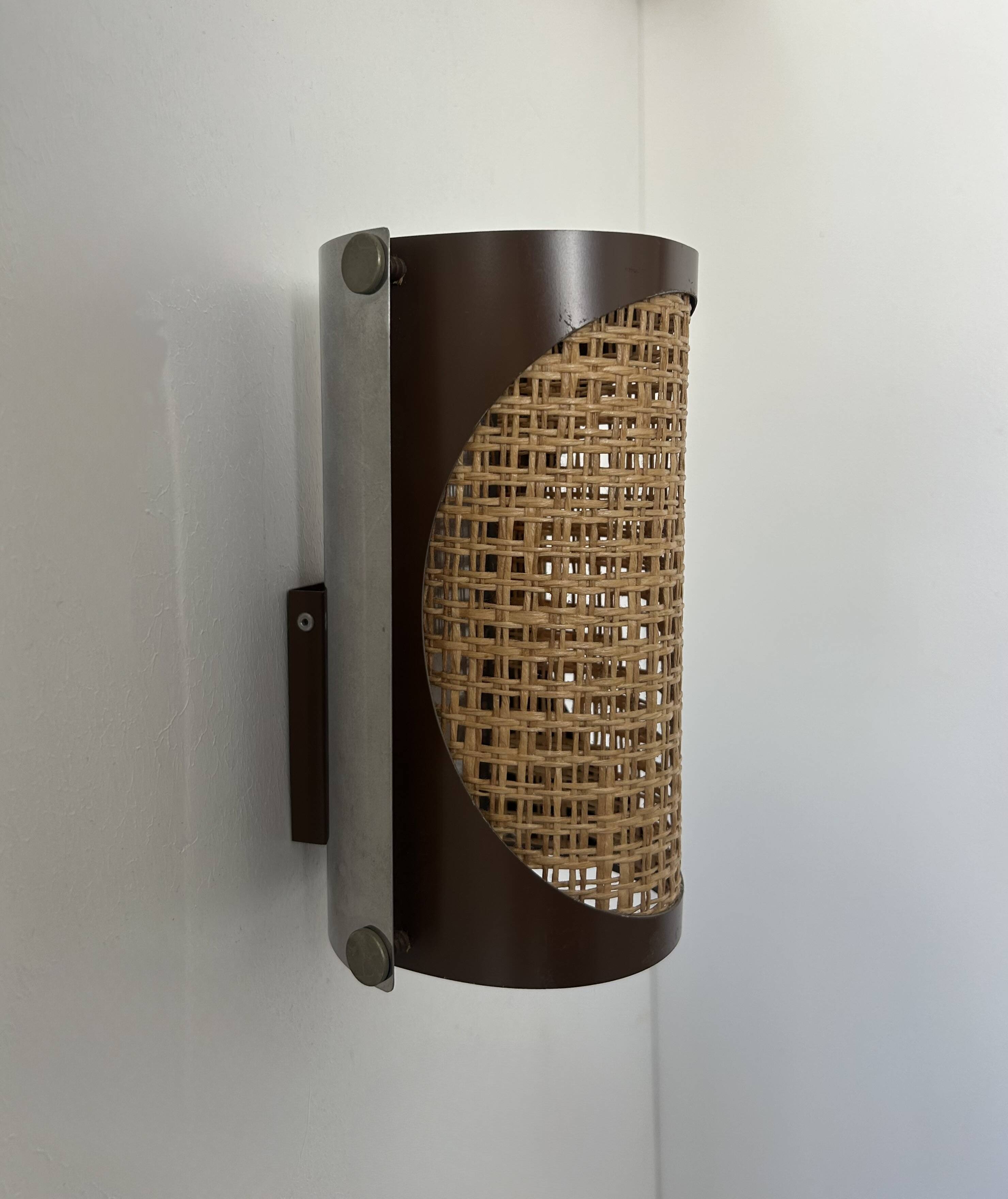 Pair of vintage sconces, cane and chrome, France 1970