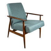 Fauteuil 'Lis', design tweed turquoise des années 1970 par Henryk Lis - bois de hêtre brun
