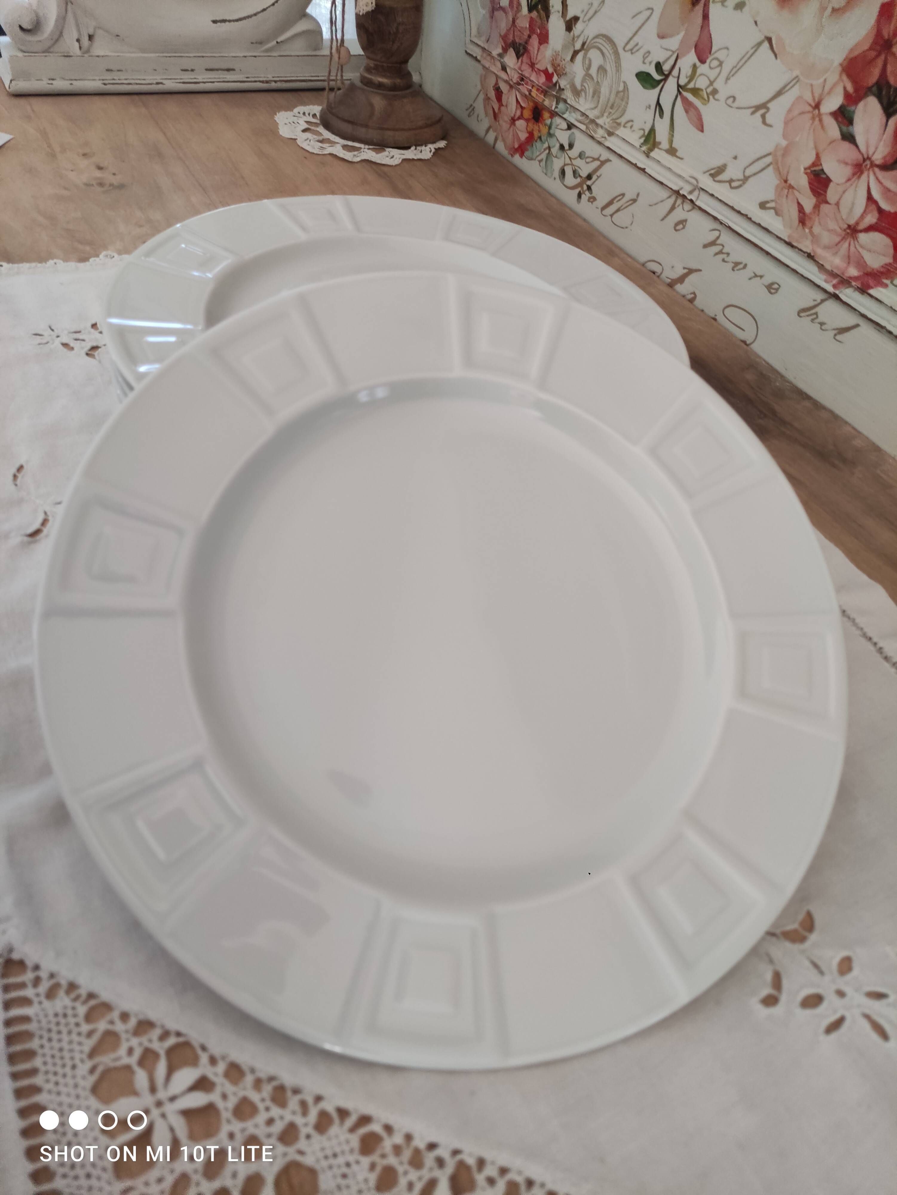 Set of 7 flat plates in white Limoges porcelain geometric decoration in relief