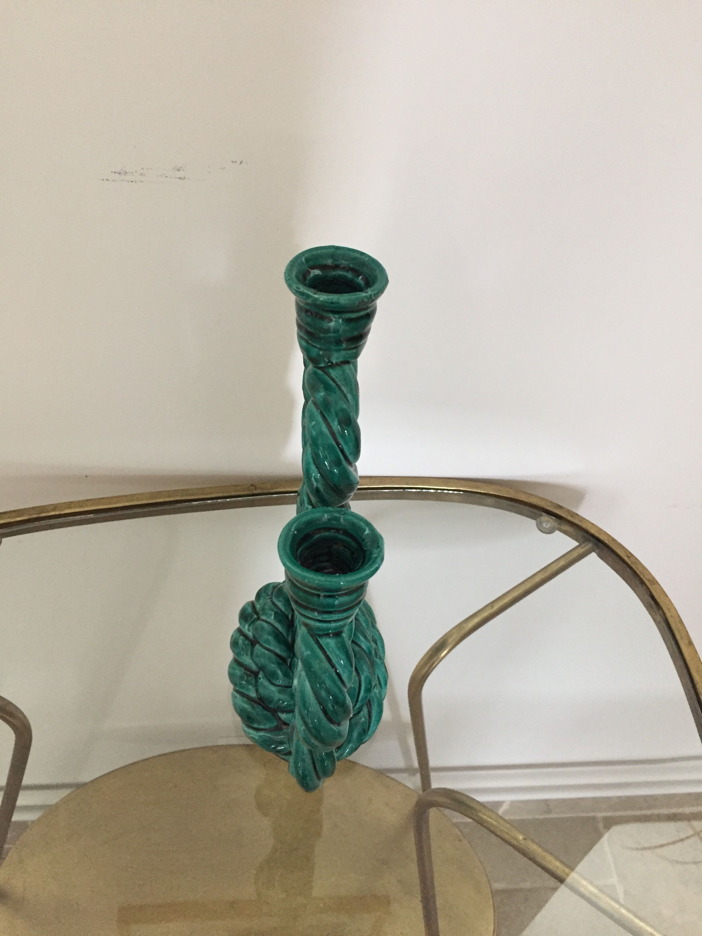 Double candlestick in green twisted ceramic vintage 50s