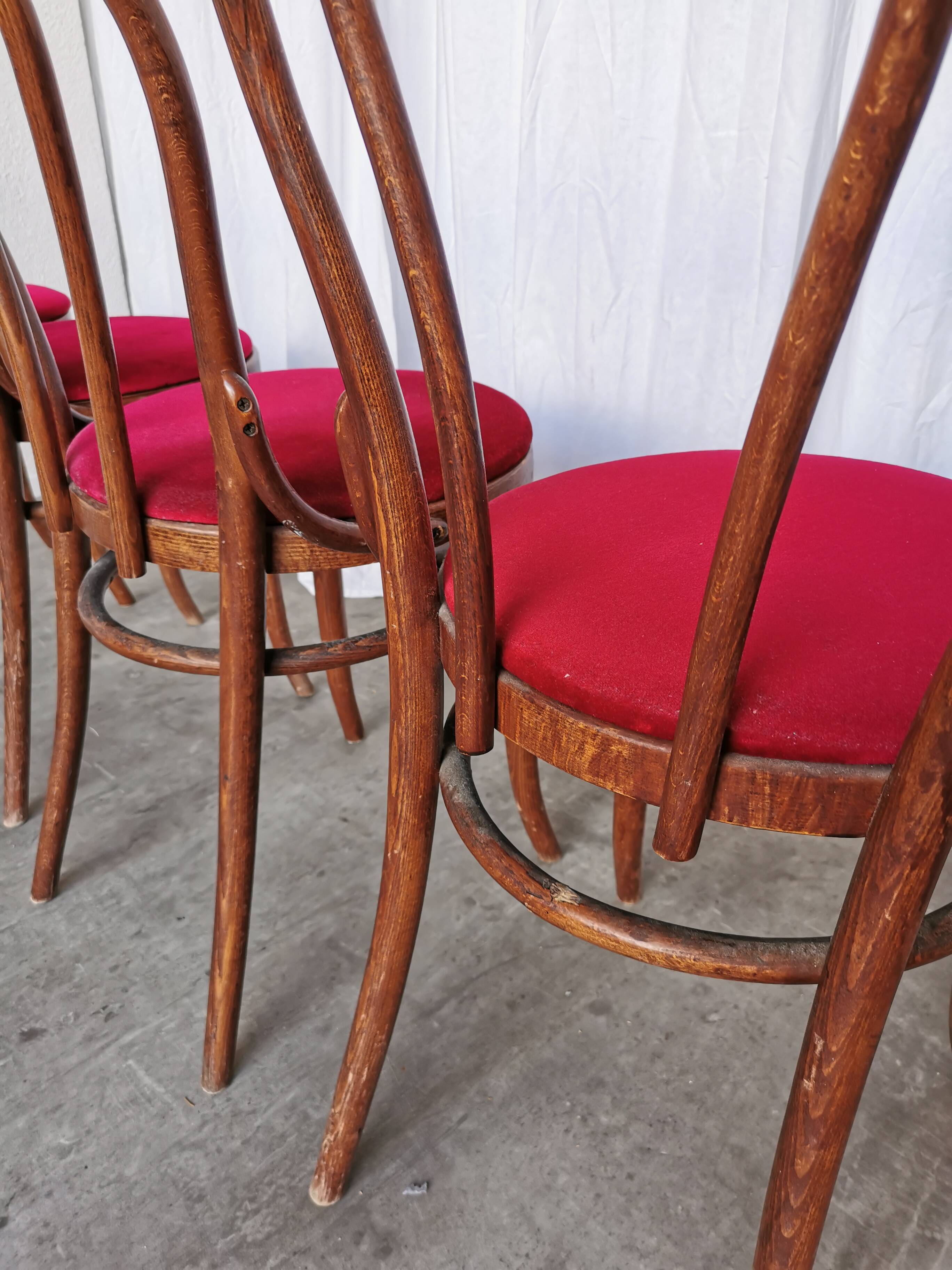 Set of 4 Vintage Bentwood Bistro Chairs, Red Upholstery