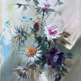 Tableau HST "Bouquet de fleurs sauvages" signé éc. XX° siècle