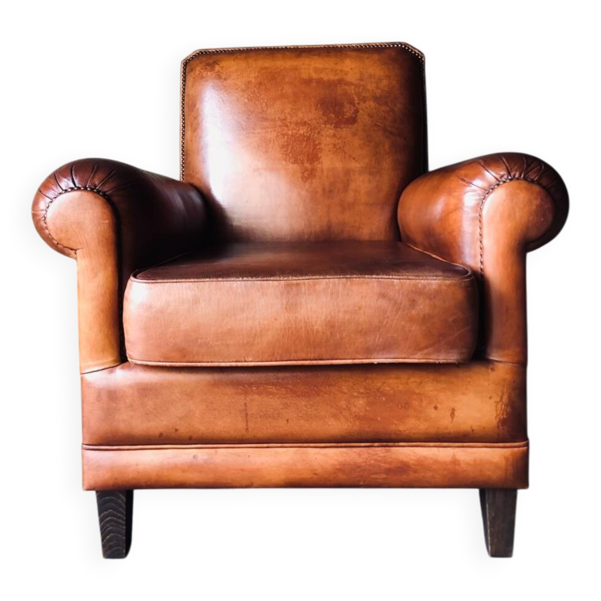 Fauteuil Club vintage en cuir « cognac »