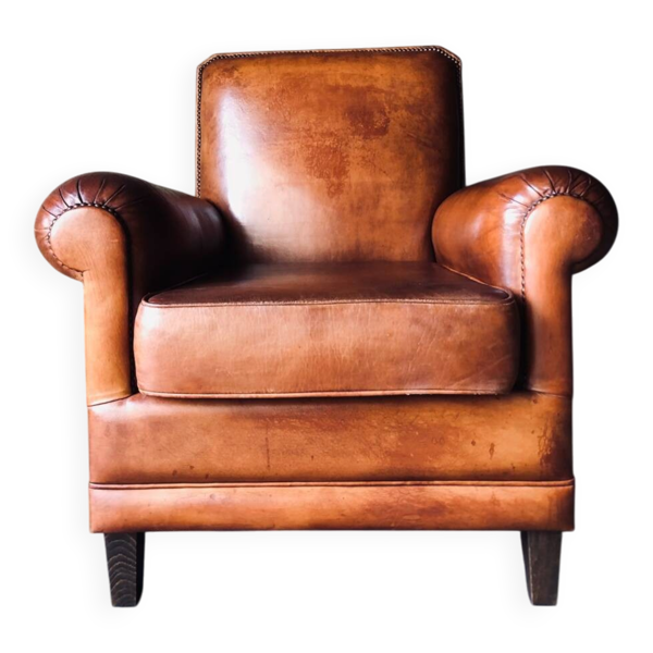 Fauteuil Club vintage en cuir «&nbsp;cognac&nbsp;»