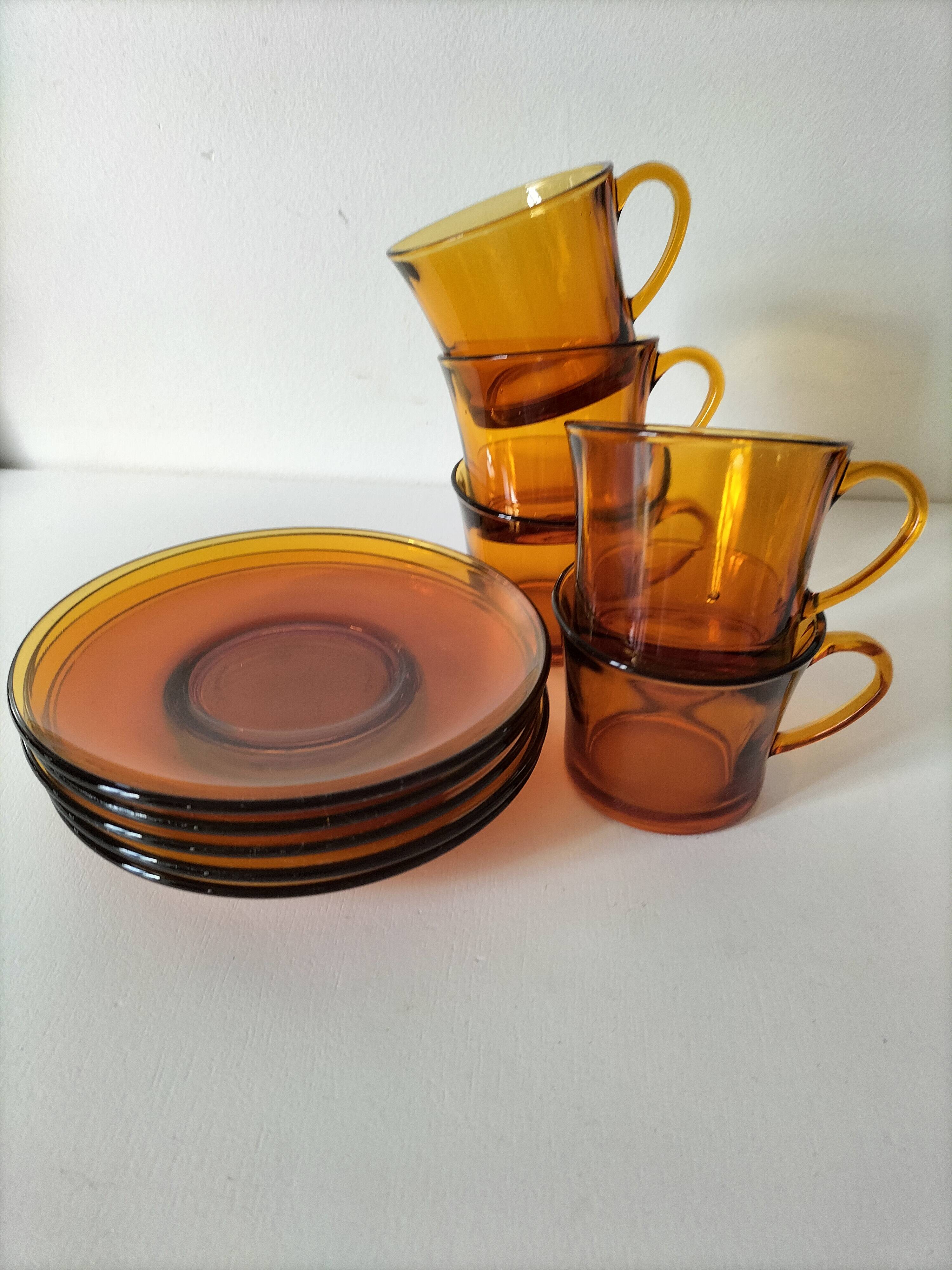 5 vintage amber Duralex cups and saucers