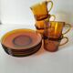 5 vintage amber Duralex cups and saucers