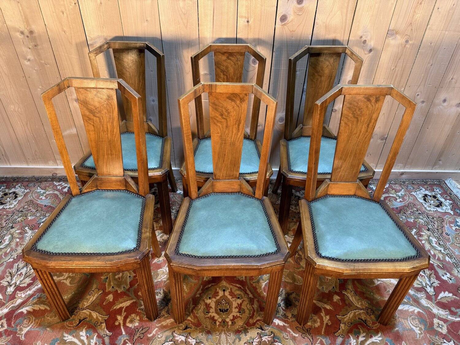 6 Art Deco period chairs in green vinyl