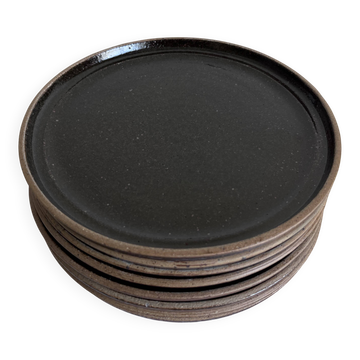 Set de 8 assiettes de potier à dessert en grès noir 1970