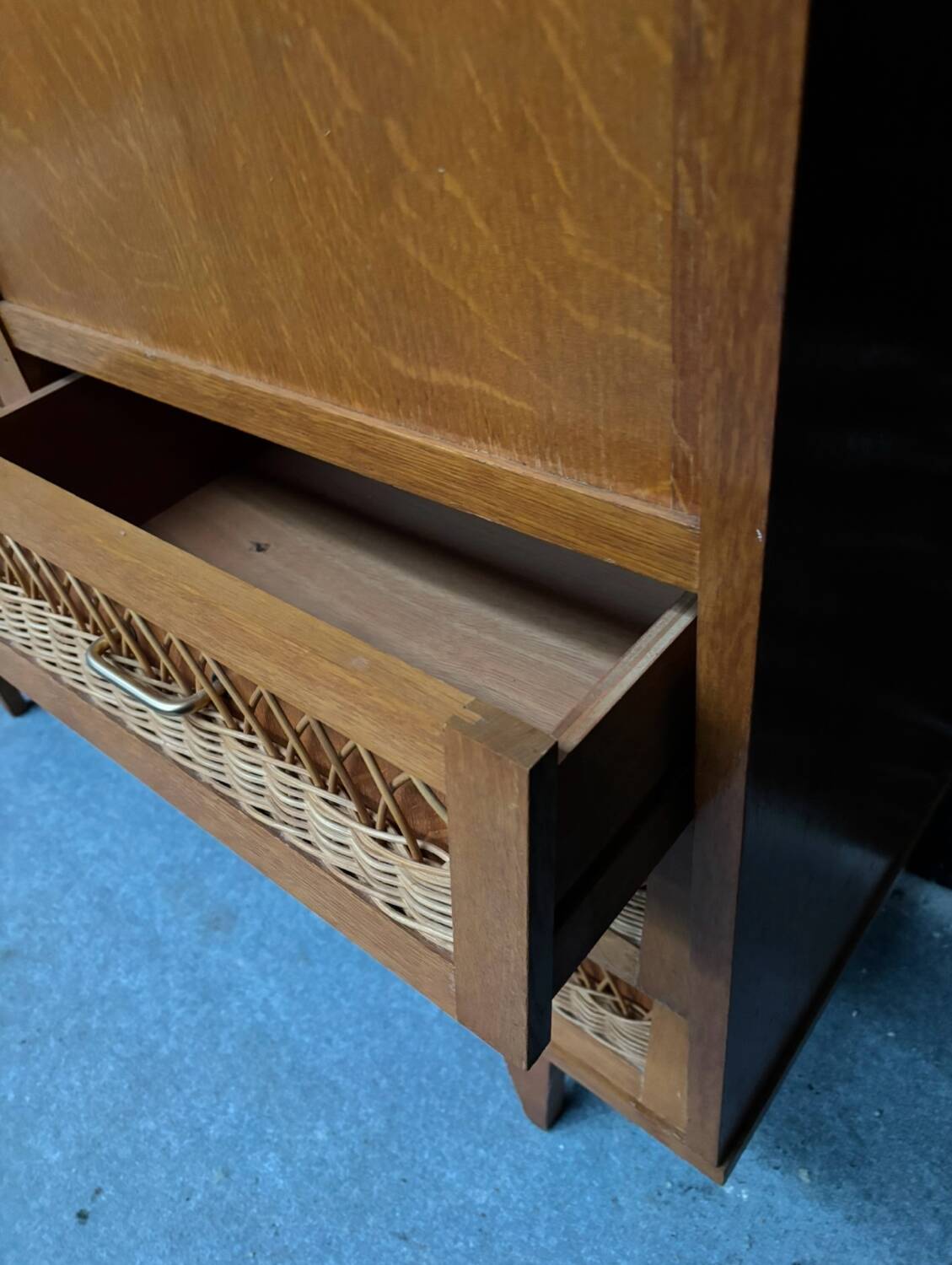 Vintage retro 1960s rattan and wood cabinet with desk section