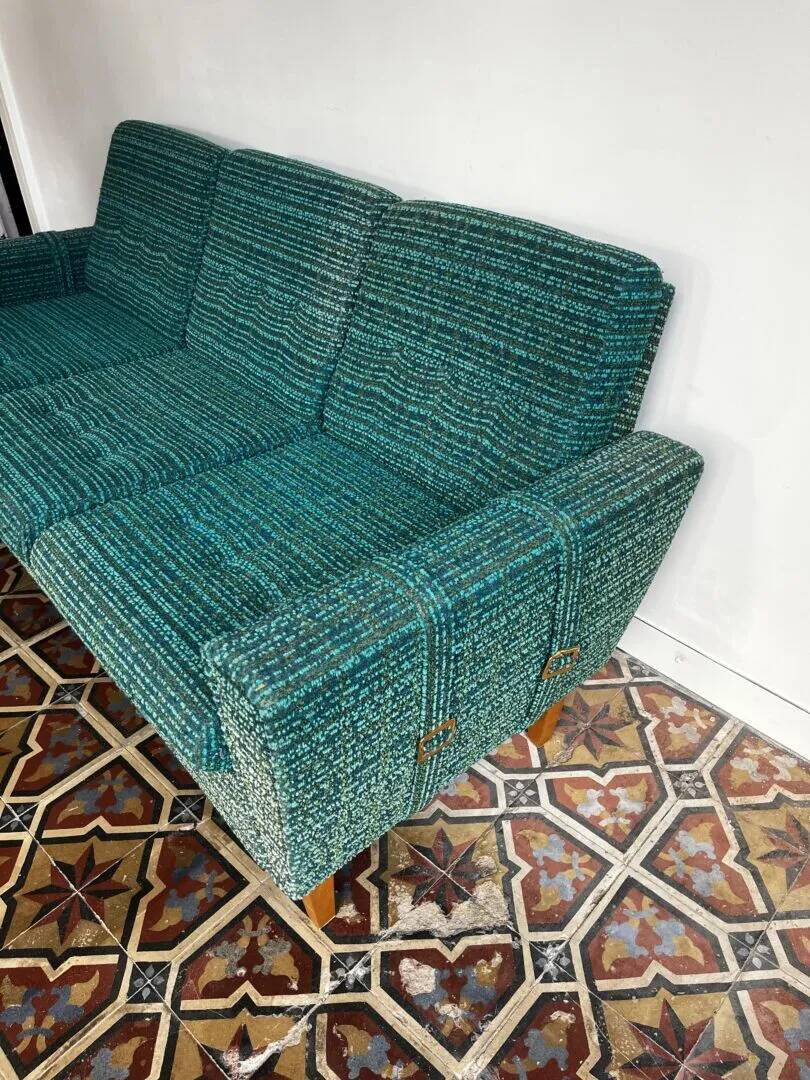 Mid-century sofa, three-seater in turquoise shade