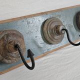 Antique teak coat rack with 3 wrought iron hooks