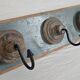 Antique teak coat rack with 3 wrought iron hooks