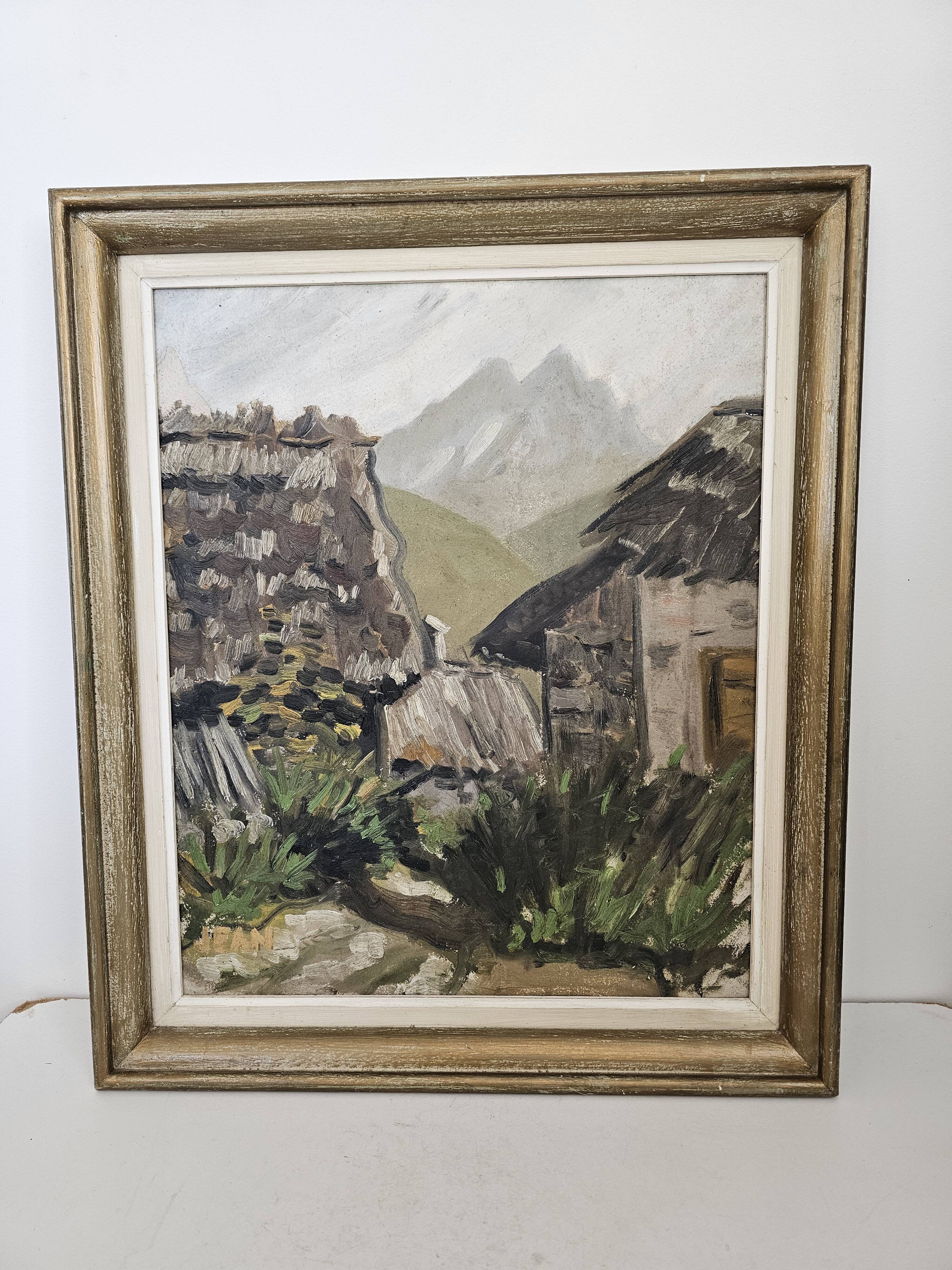Oil on Cardboard - Mountain Chalet Landscape Signed Jean